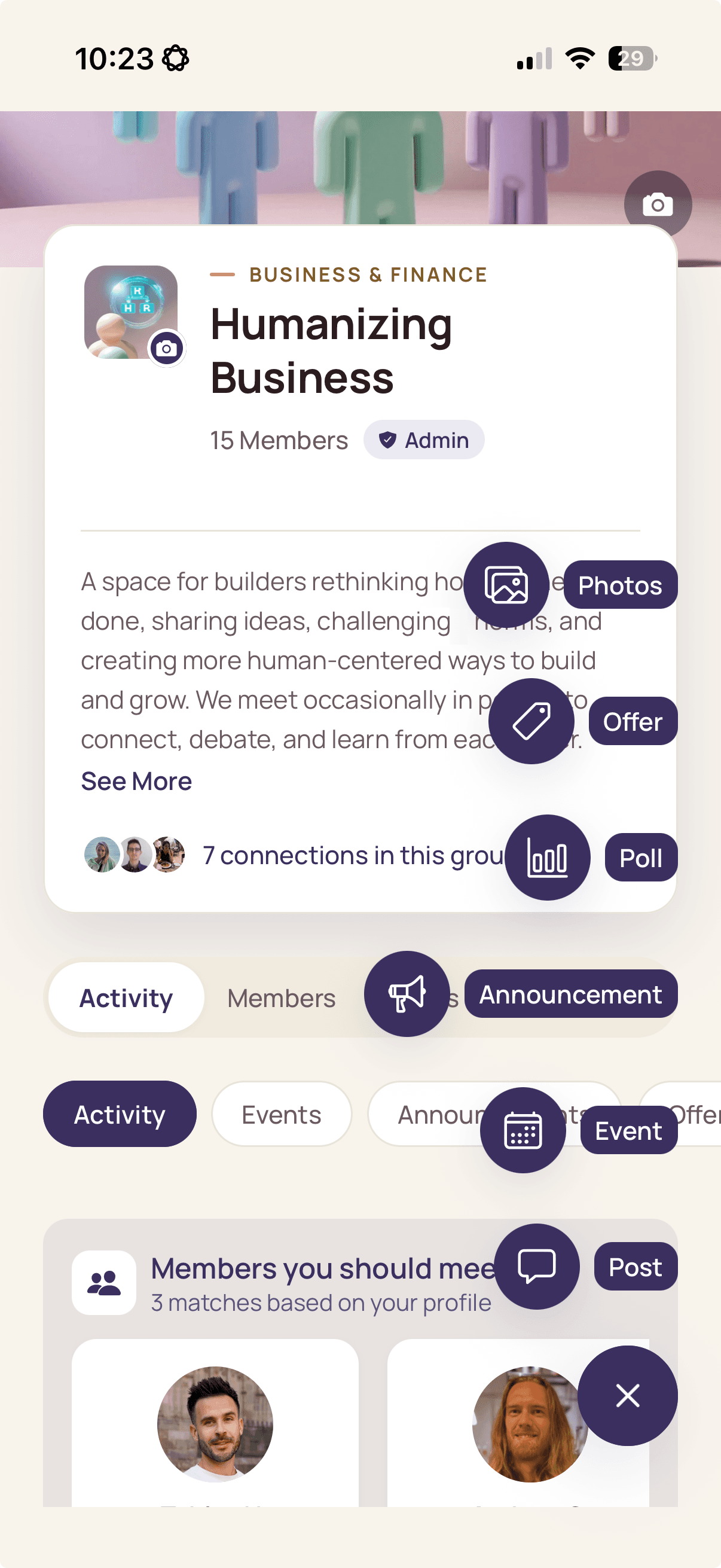 A CityPros community page, seen by its organizer, with the create menu open: Photos, Offer, Poll, Announcement, Event and Post.