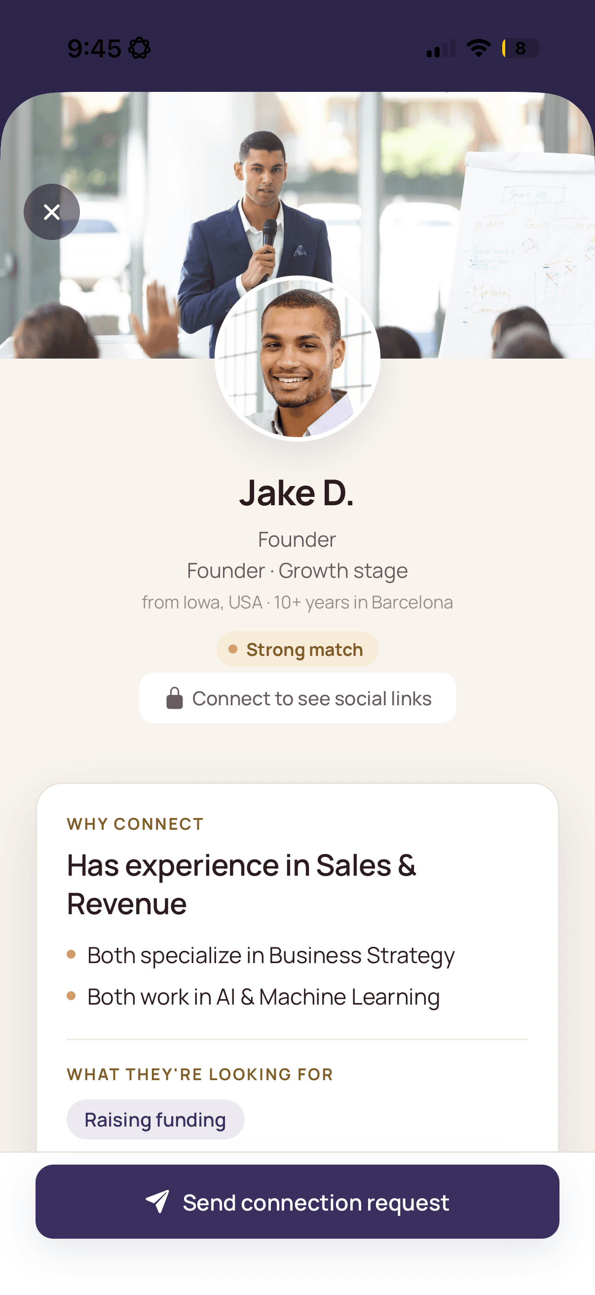 A match's profile in CityPros: Jake D., a founder, marked Strong match. A Why connect card gives the reasons, experience in Sales and Revenue and two fields you share.